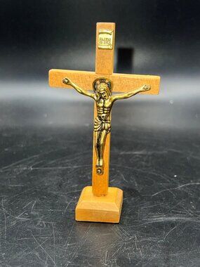 Vintage Wooden Crucifix Brass Jesus Figurine INRI Plaque Stand Religious Faith